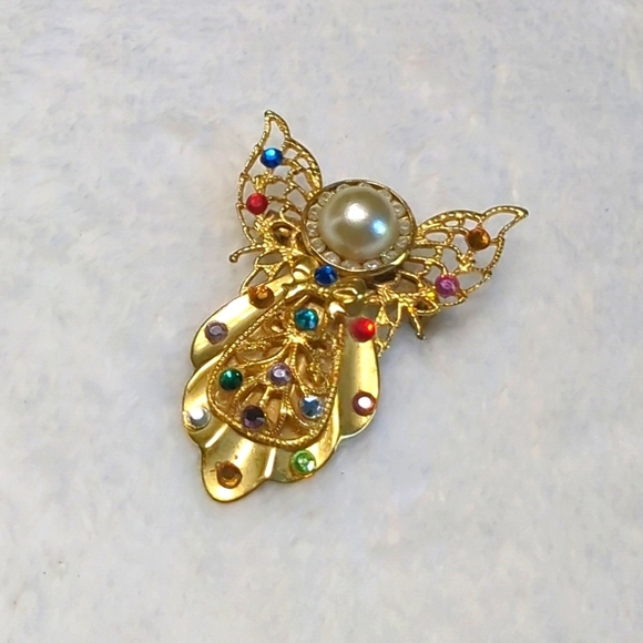 Vintage Goldtone and Rhinestone Angel Christmas Brooche - Picture 1 of 9